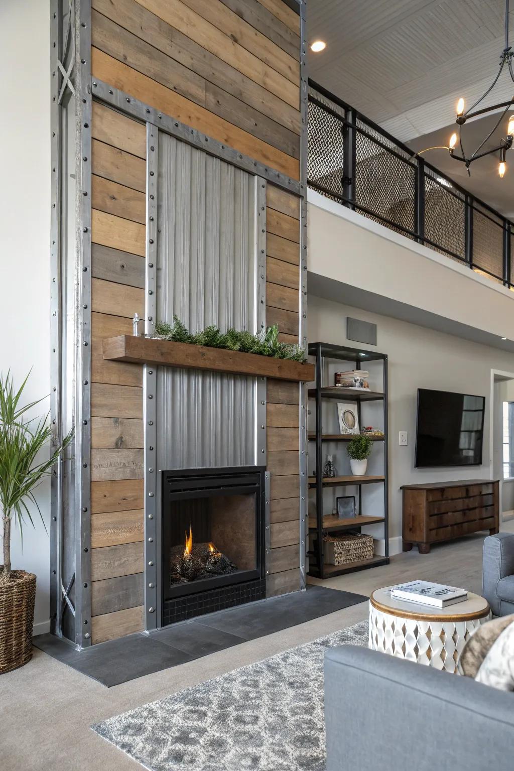 Urban-style shiplap fireplace contributes robust, metropolitan charm to the space.