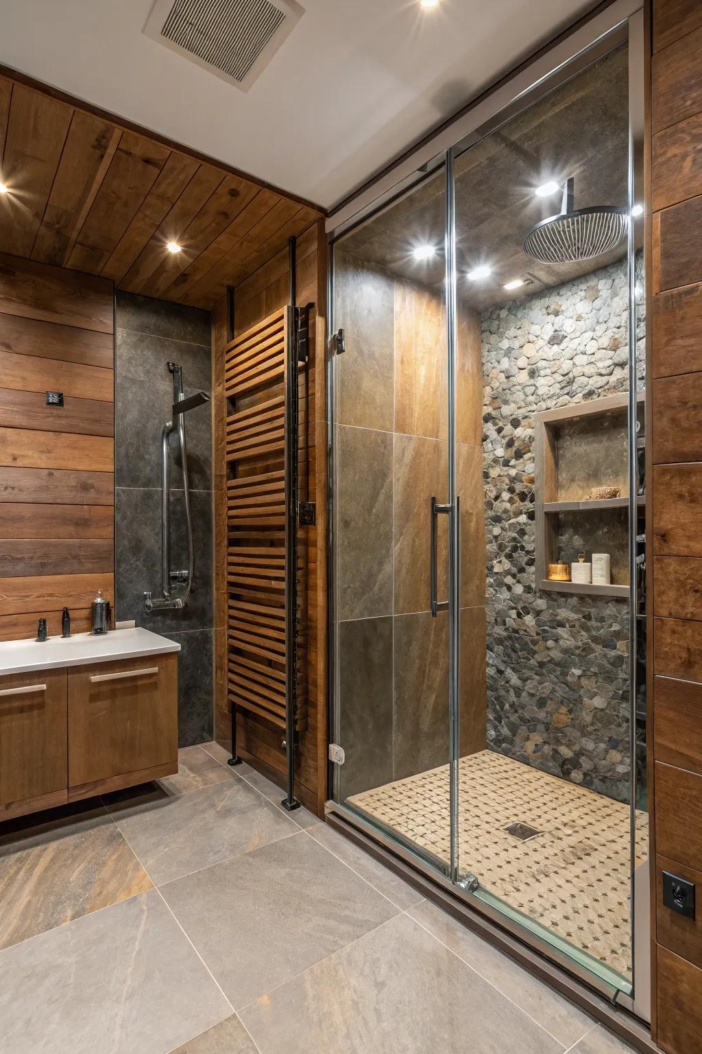 A washroom showcasing a rich texture from a mix of materials.