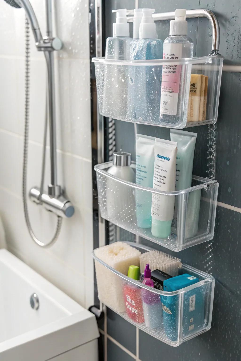 Transparent bins maintain your shower necessities organized and visible.