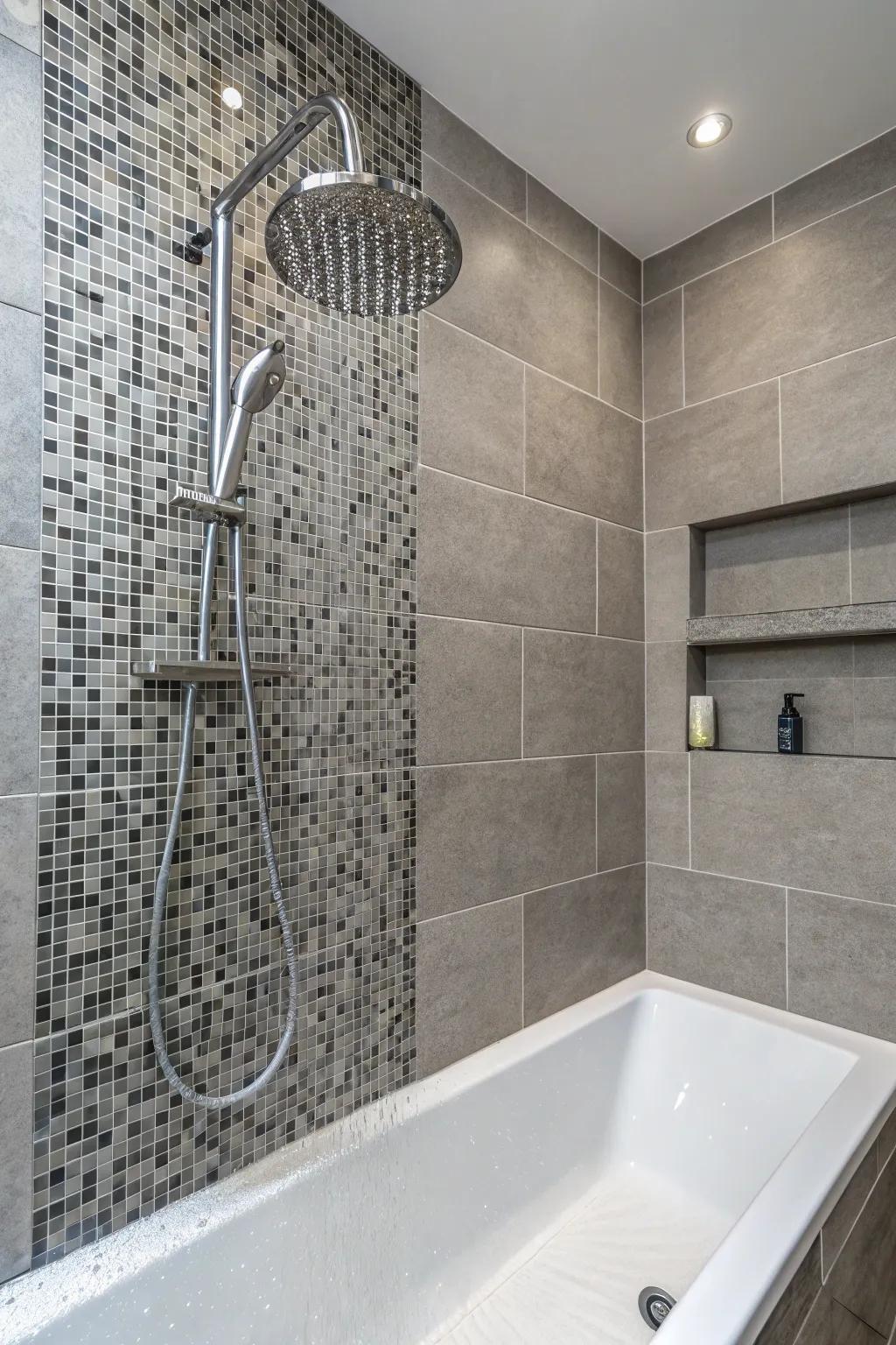 Intricate mosaic patterns highlighted with grey tiles.