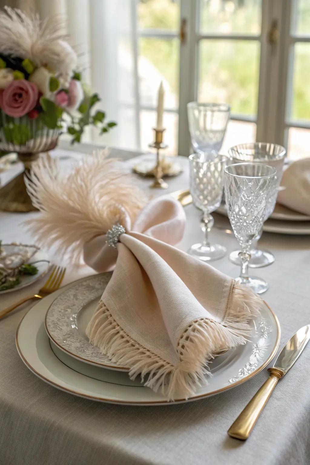A silken cloth with a feathered edge fold, making a soft and luxurious look on your table.