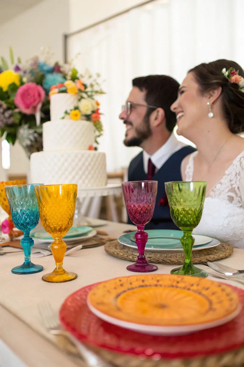 A bride and groom table featuring vibrant, colorful glassware.