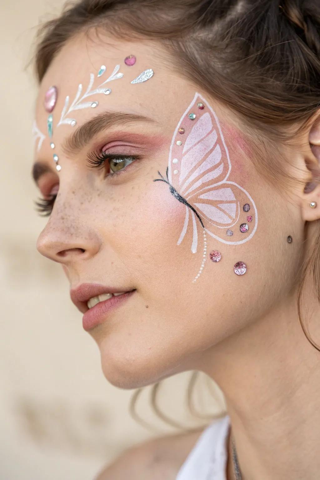 Enhance your butterfly face paint with twinkling jewels for a touch of whimsical elegance.