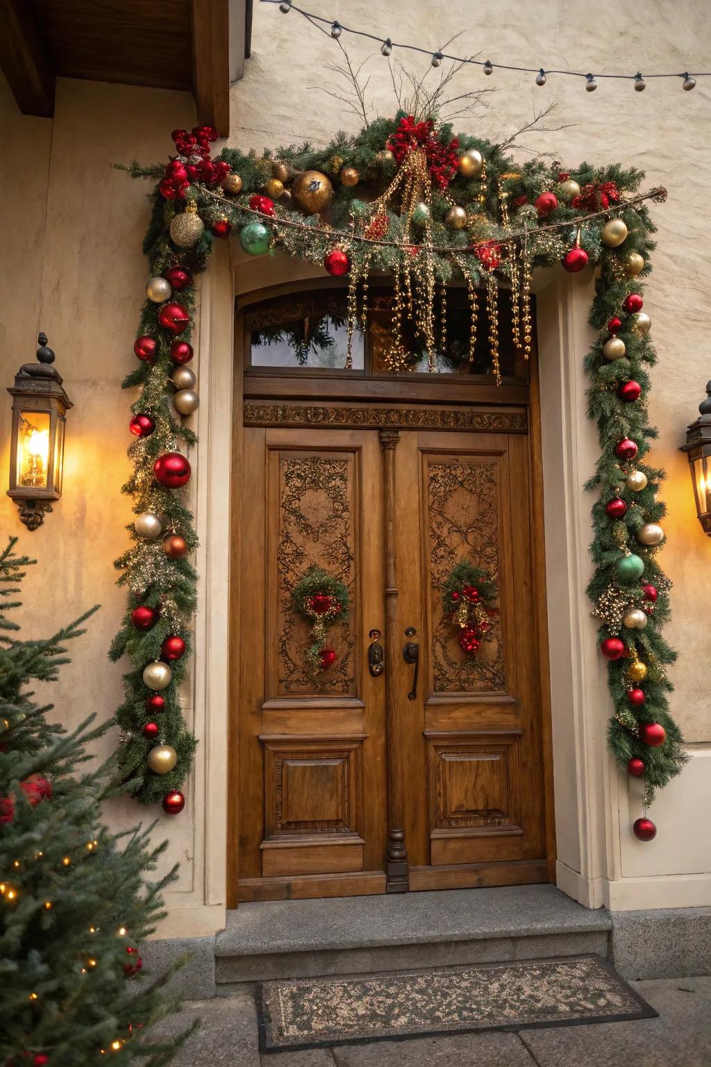 An ornament chain delivers glitter and nostalgia to the entryway.