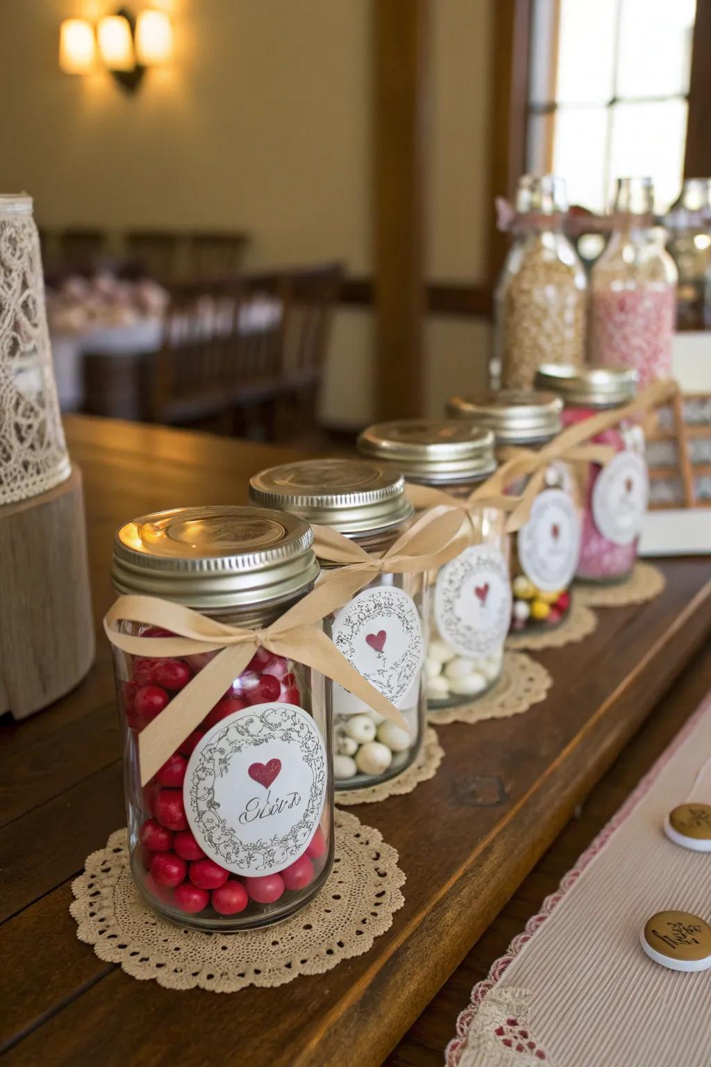 Memento vessels filled with treats offer a personalized touch for guests.