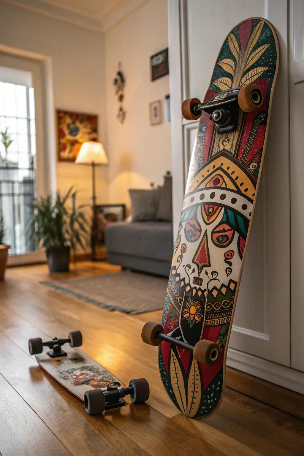 Highlight global influences with skateboard art inspired by different cultures.