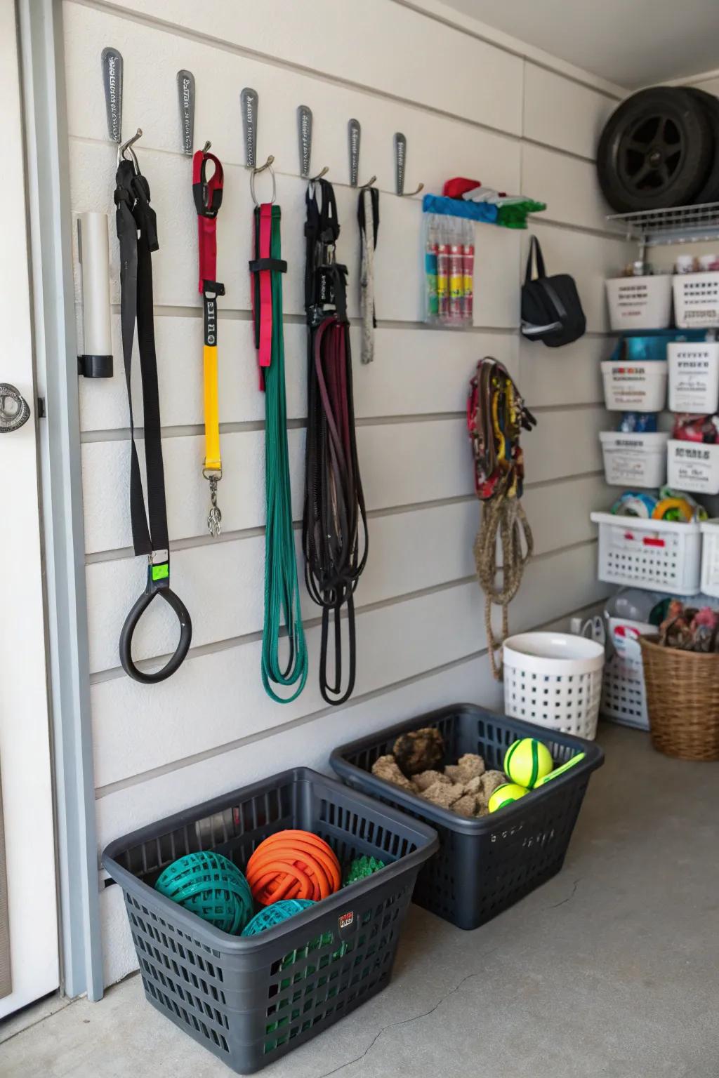 A pet care area on a panel-track keeps all your pet supplies organized.