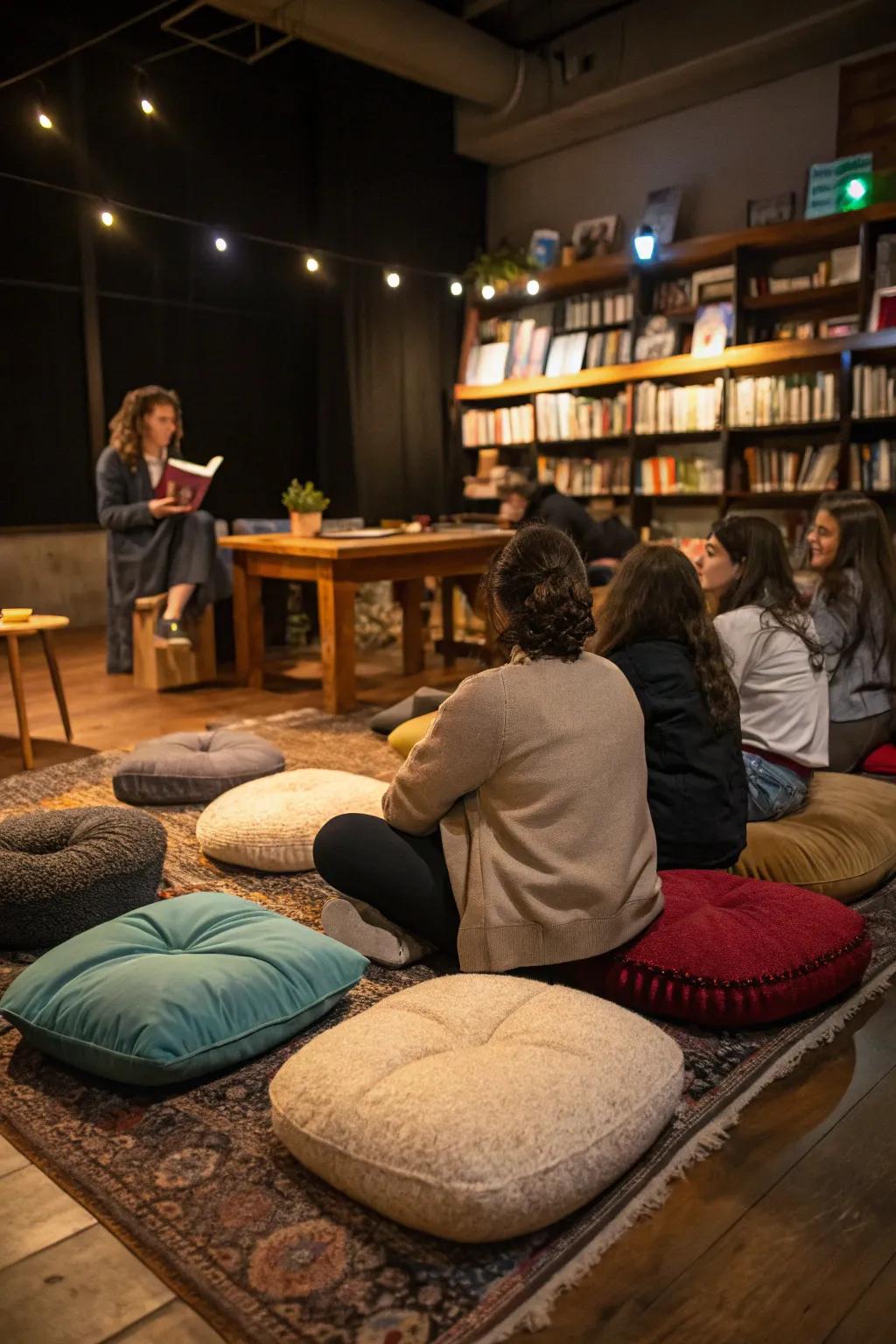 Share imaginative tales within a snug narration circle.