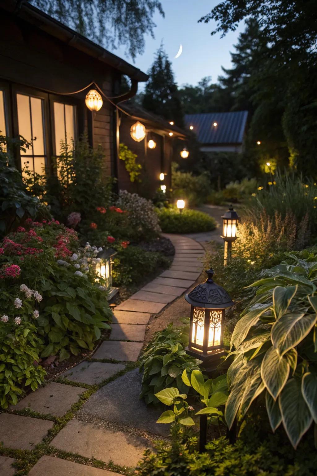 Garden illumination metamorphoses the space into an intimate evening retreat.