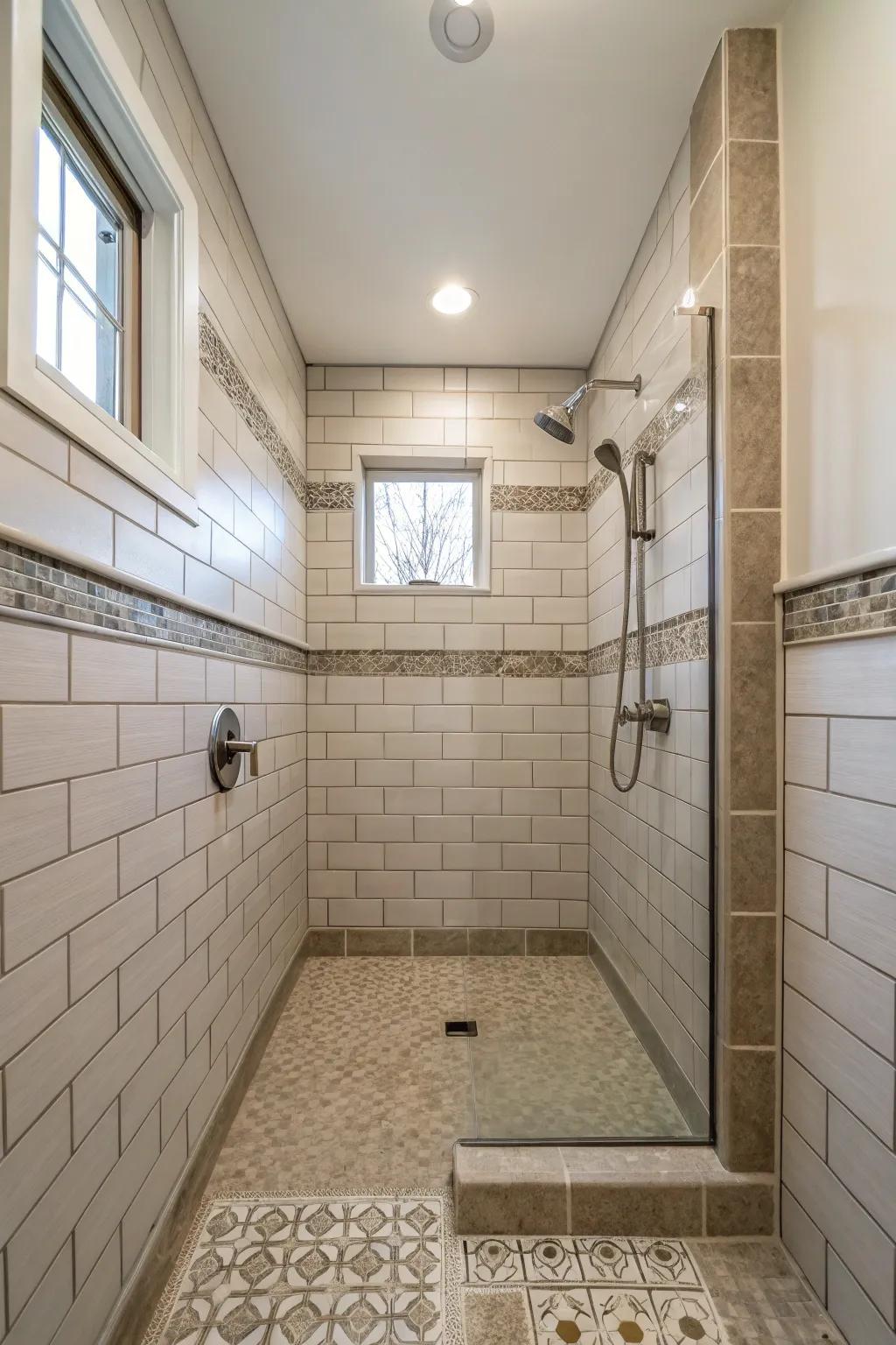 Consistent shower surfaces create a unified and spacious feel.