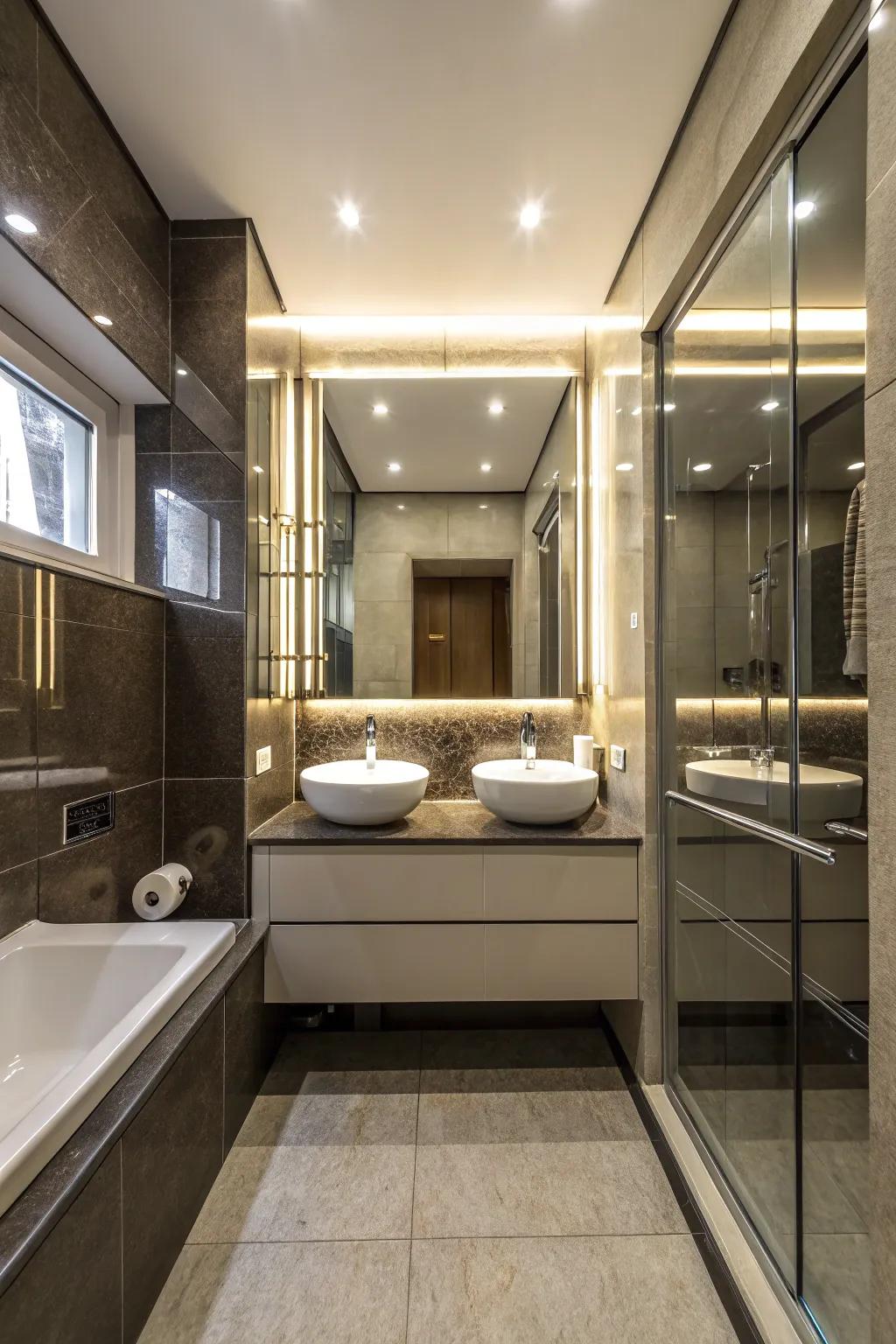 A compact bathroom benefits immensely from light-magnifying surfaces.