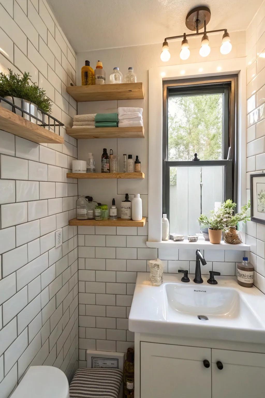 Hanging shelves provide elegant storage in a small bathroom.