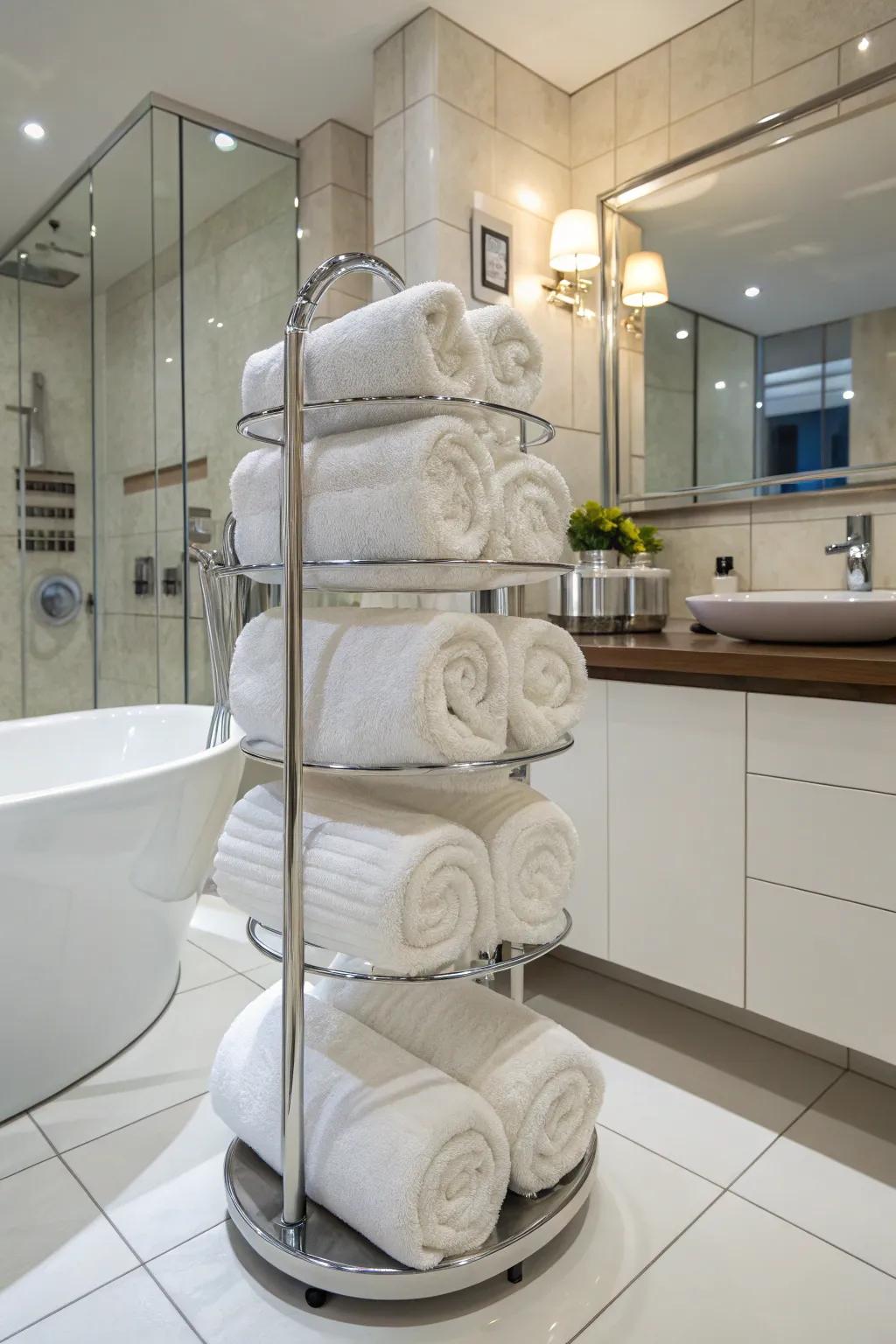Efficient and easy-to-reach storage with a rotating towel tower.