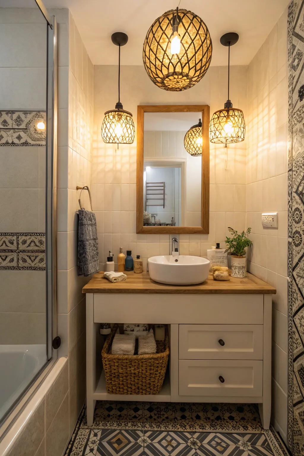 Fancy lighting that highlights the beauty and functionality of a small bathroom organizer.
