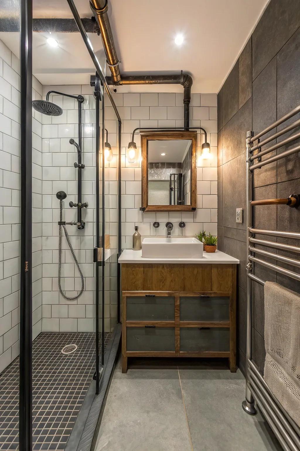 Industrial touches add an edgy and stylish ambiance to small washrooms.