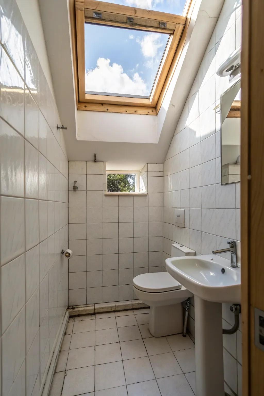 Skylights brighten bathrooms using natural light.