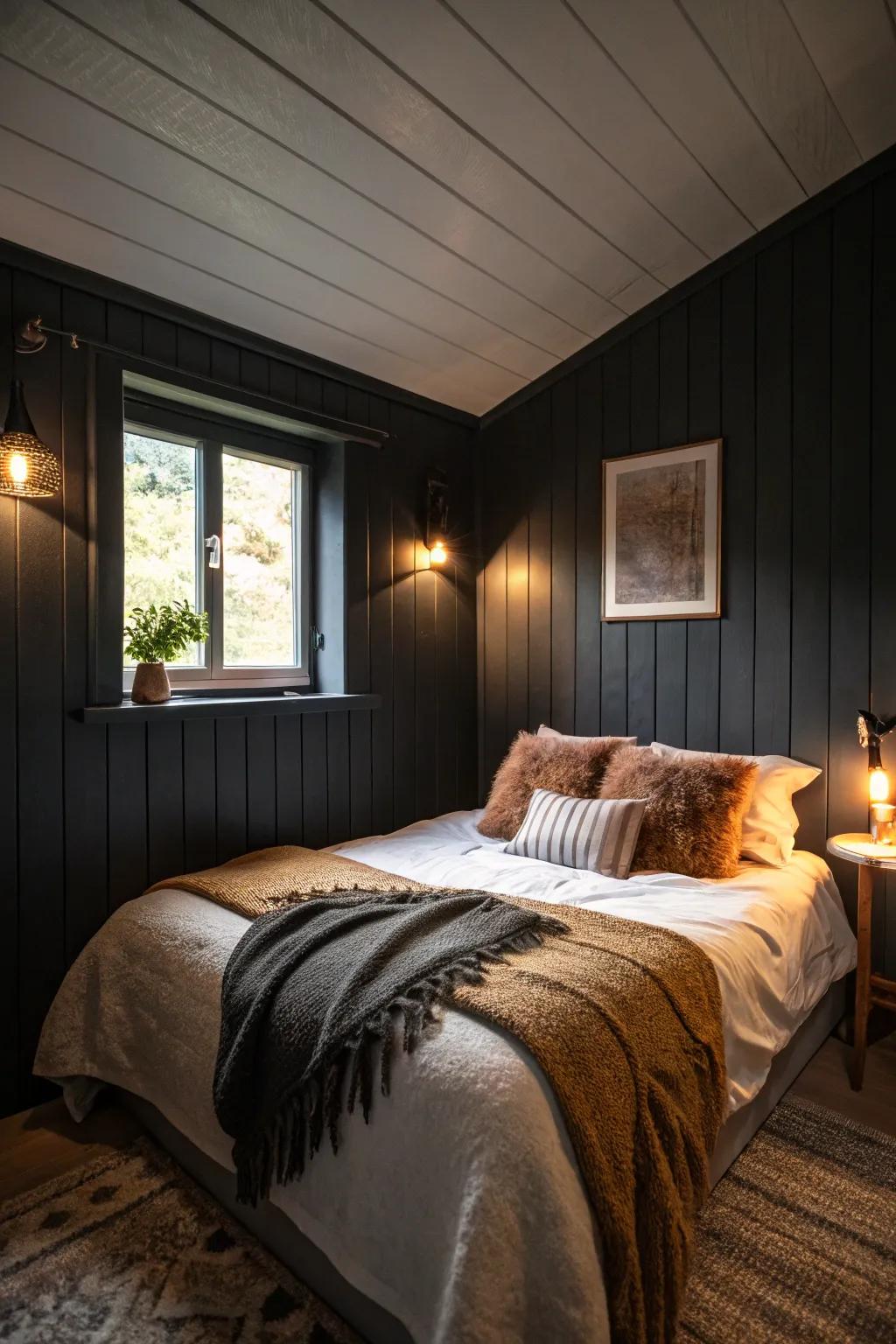 A small bedroom featuring dark shades to promote a cocooning, cozy atmosphere.
