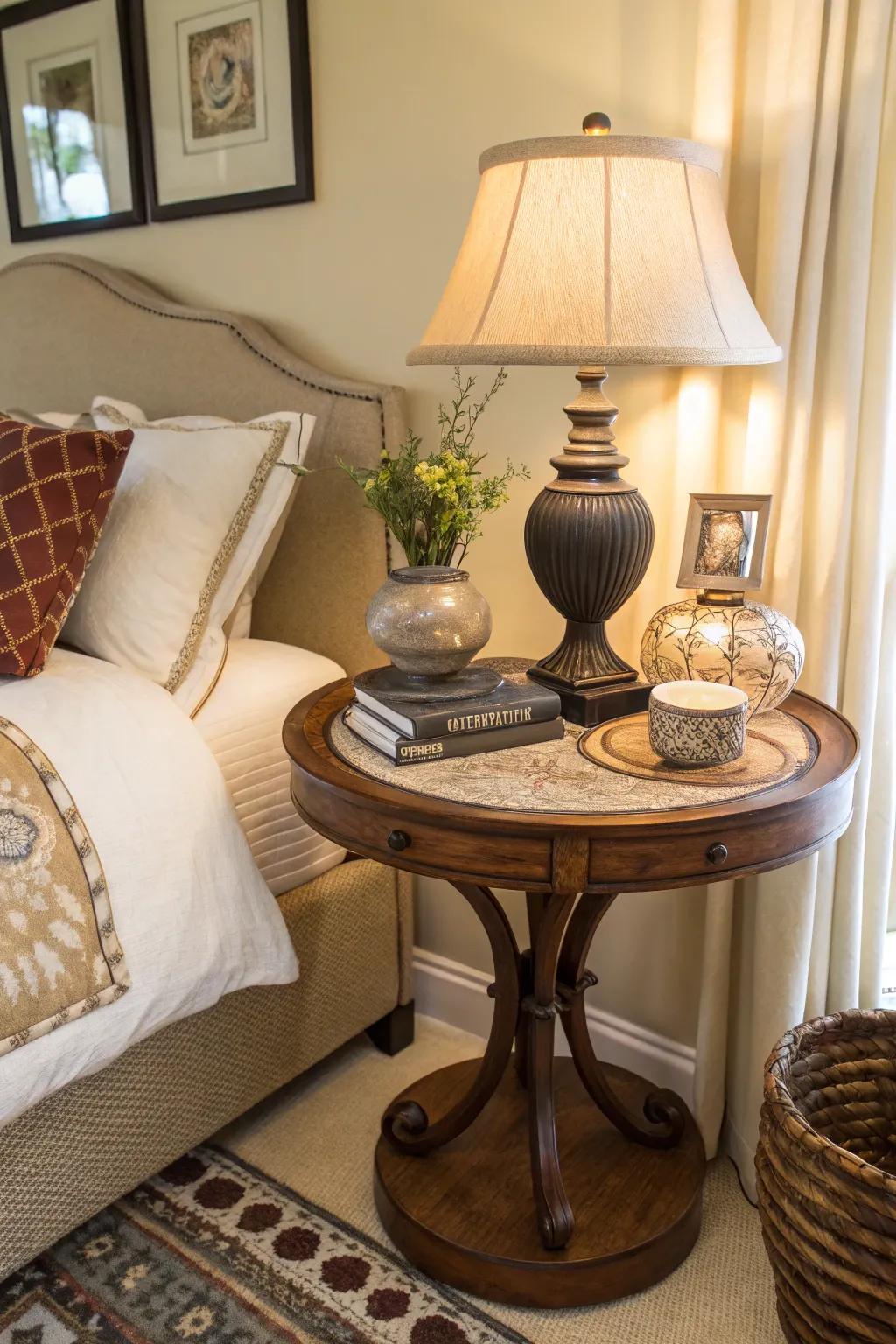 A round accent table adds soft curves and charm as a bedside table.