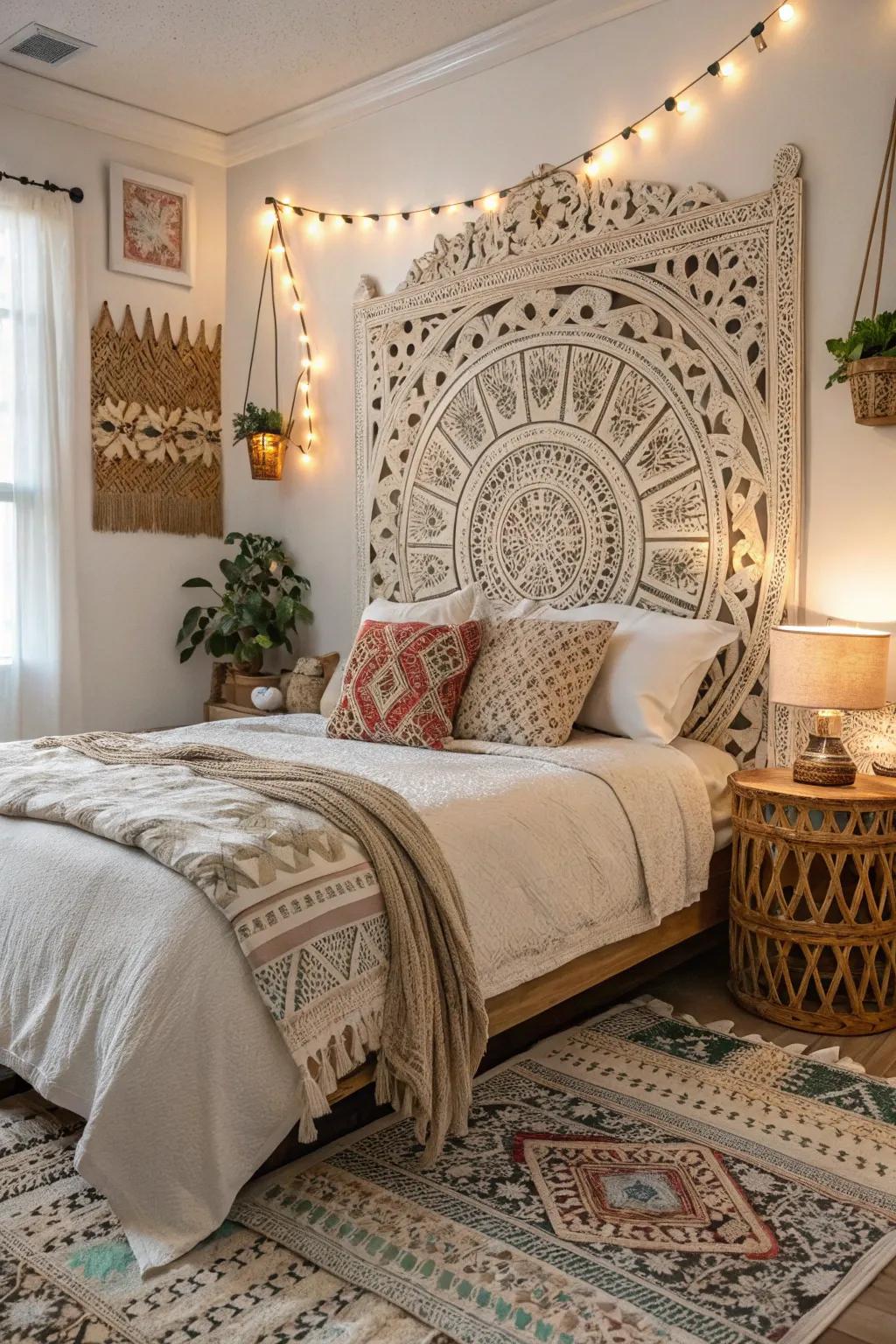 A singular headboard fastens the bohemian theme across this bedroom