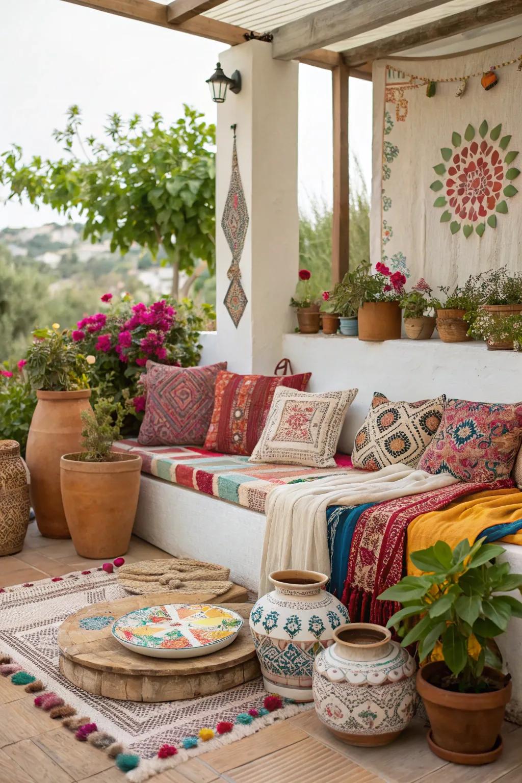 Ceramic decor adds an artistic flair to the boho patio.