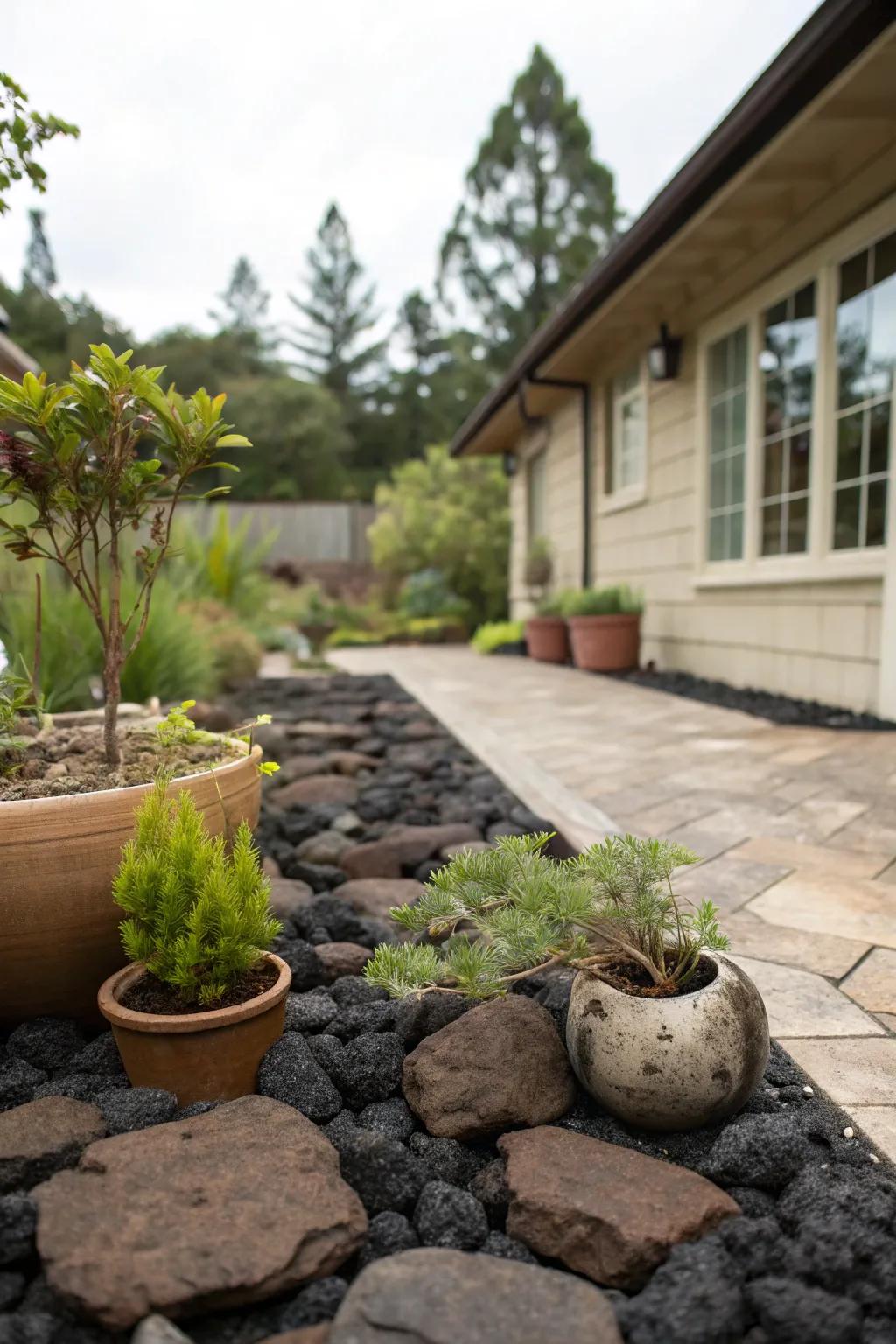 Volcanic rock imparts bold texture and hue to patio spaces.
