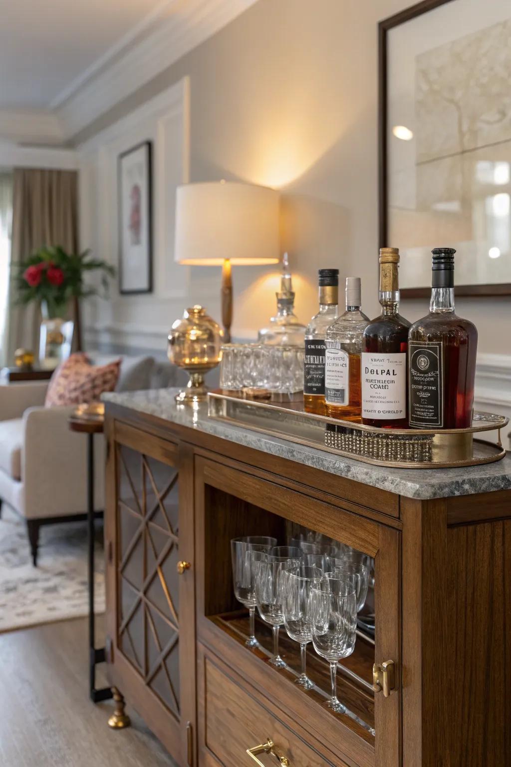A credenza repurposed as a stylish refreshment station.