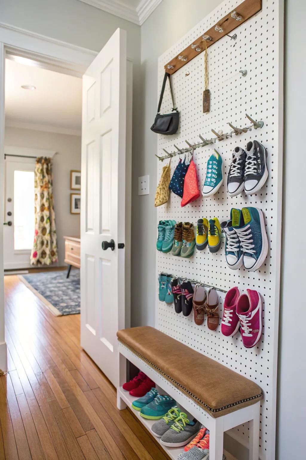 Pegboards offer versatile and creative footwear storage.