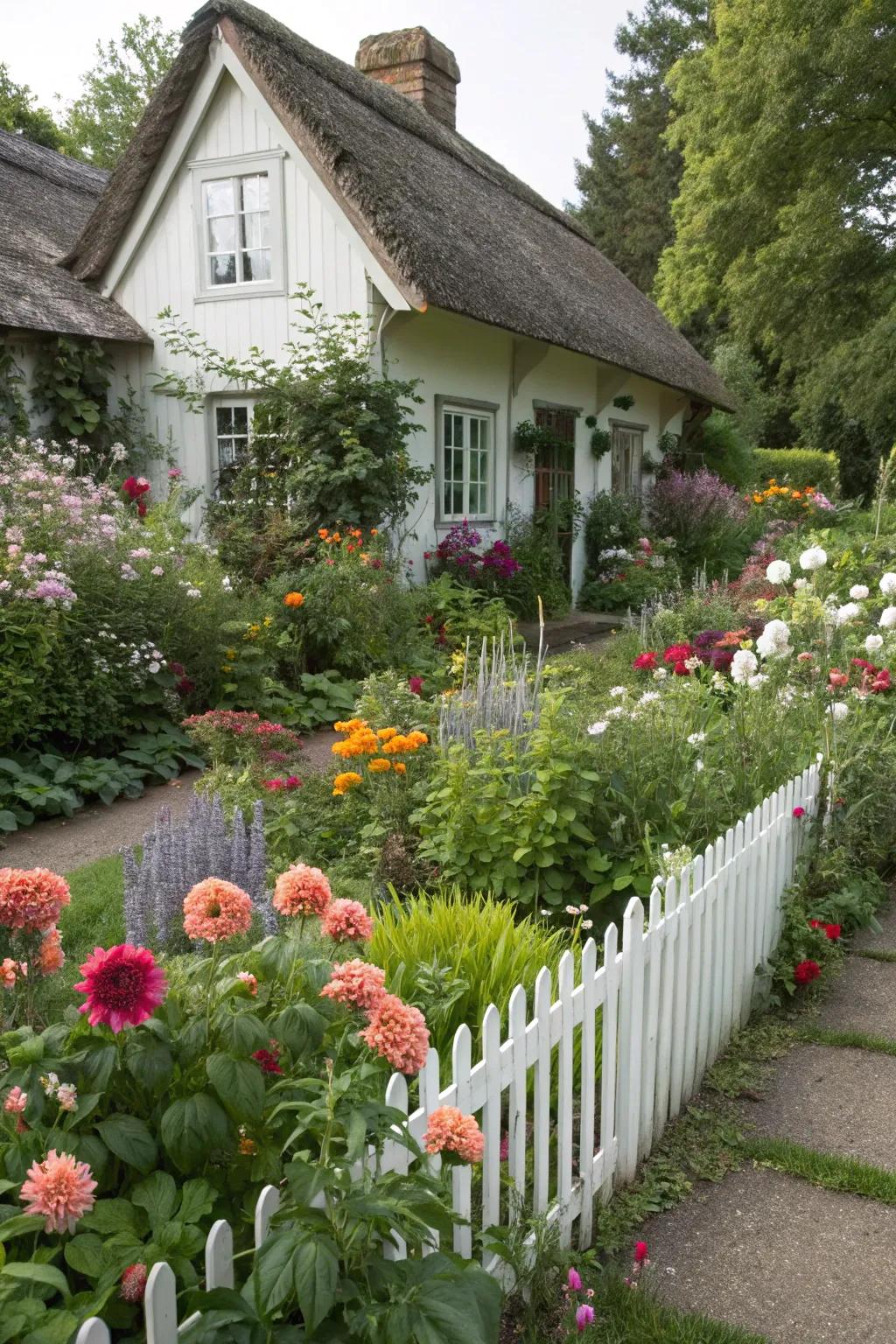 Quaint gardens present a whimsical, inviting ambiance through their blend of blooms.