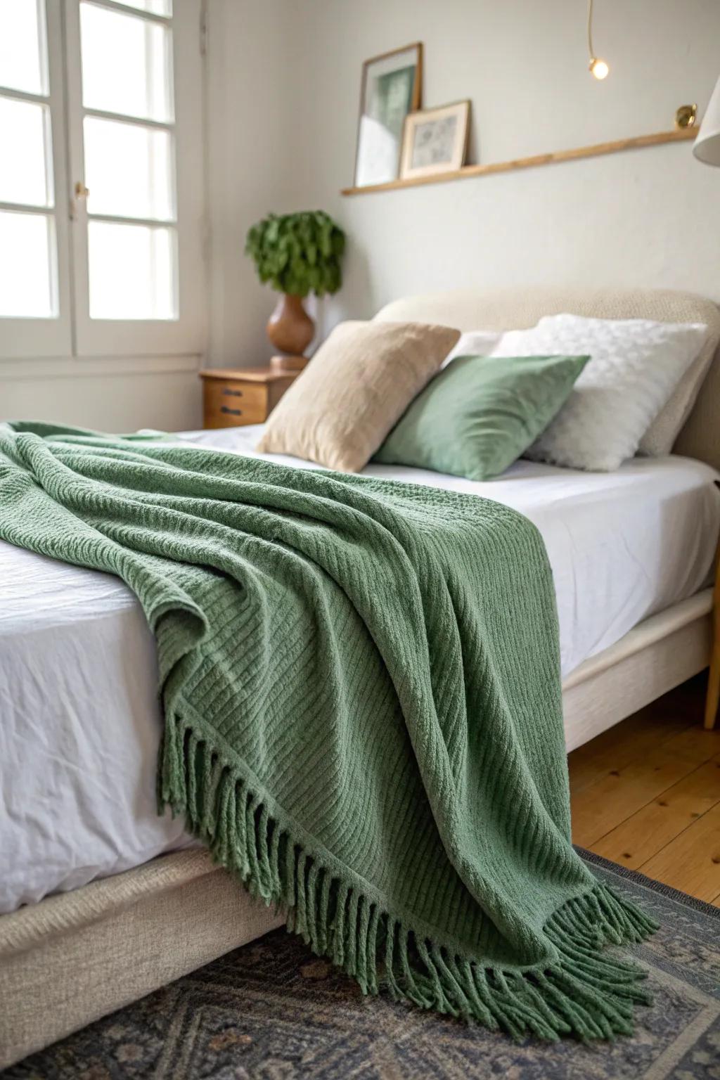 A green throw rug introduces warmth and coziness.