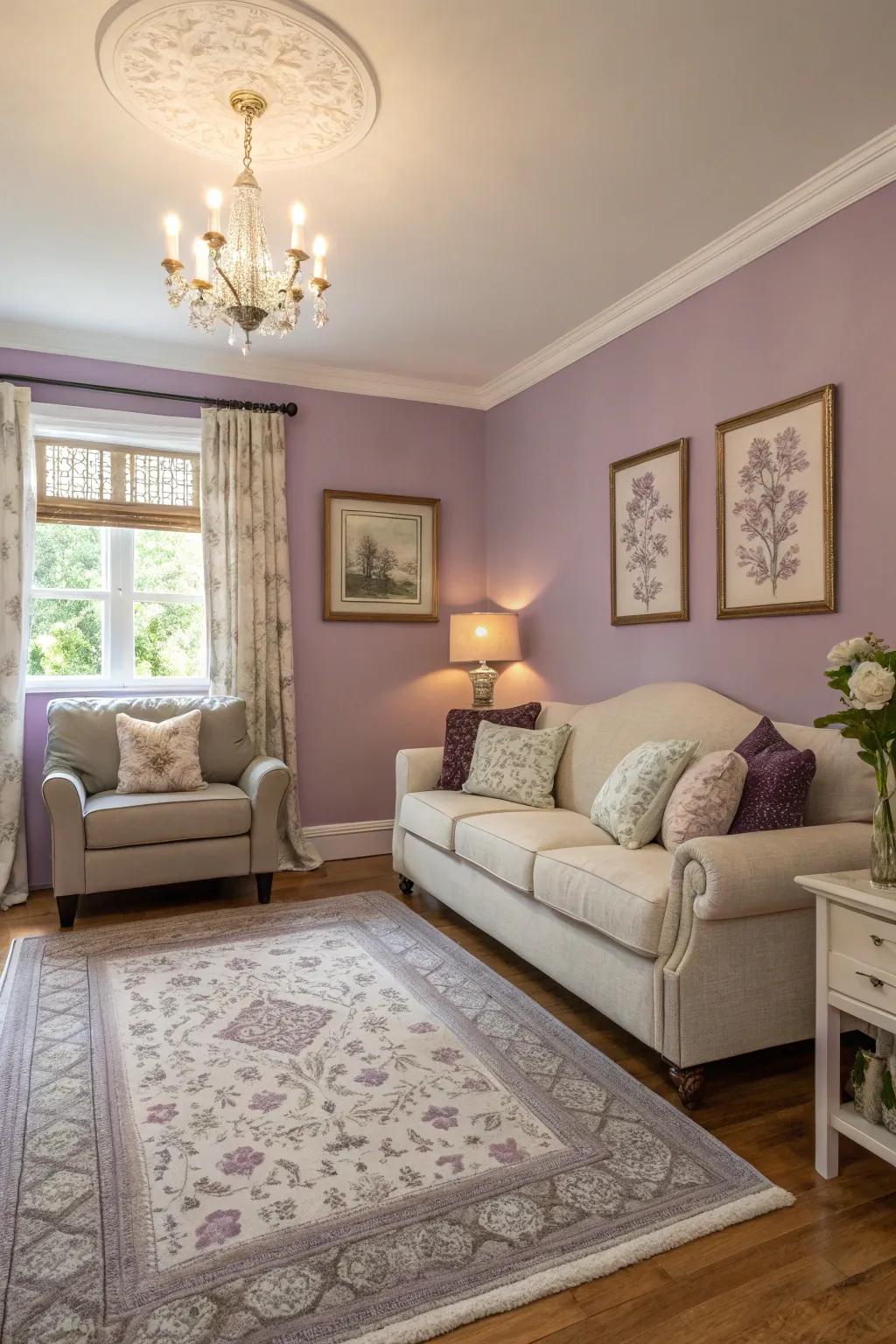 A compact living space showcasing lavender walls for a charming detail.