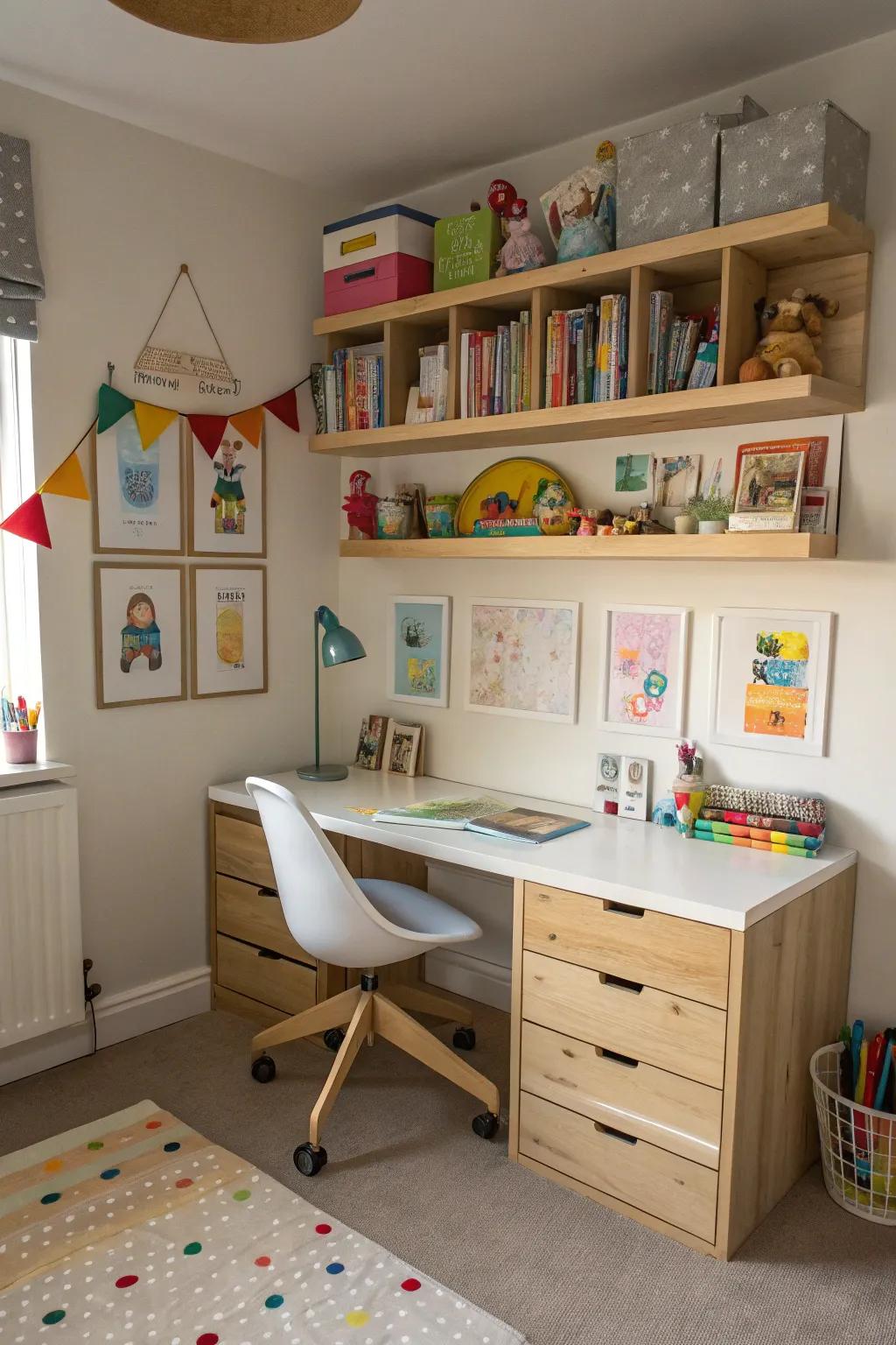 Soaring desks furnish a functional workspace sans occupying underfoot expanse.