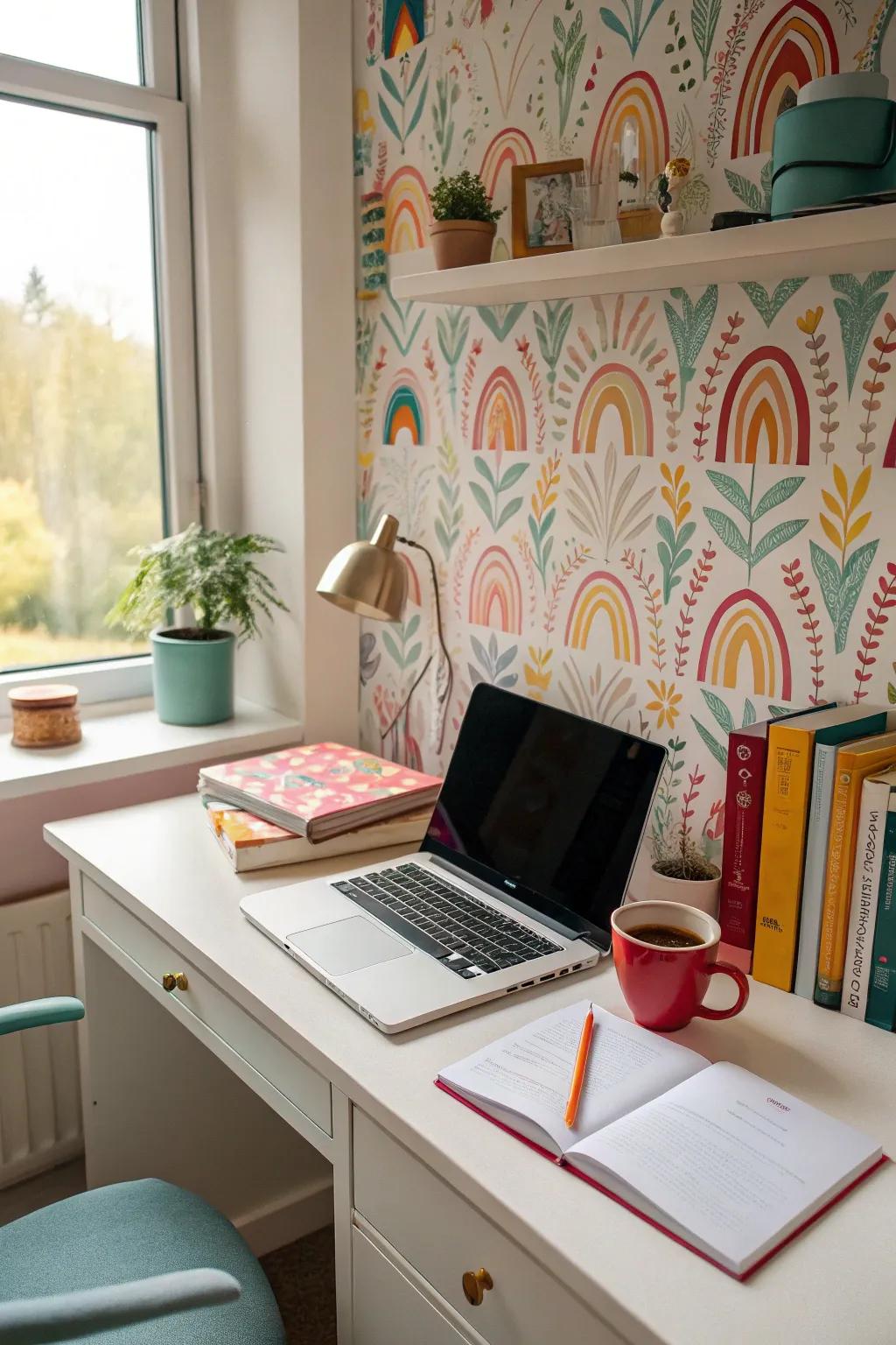 Vibrant wallpaper can inject personality and energy into your office.