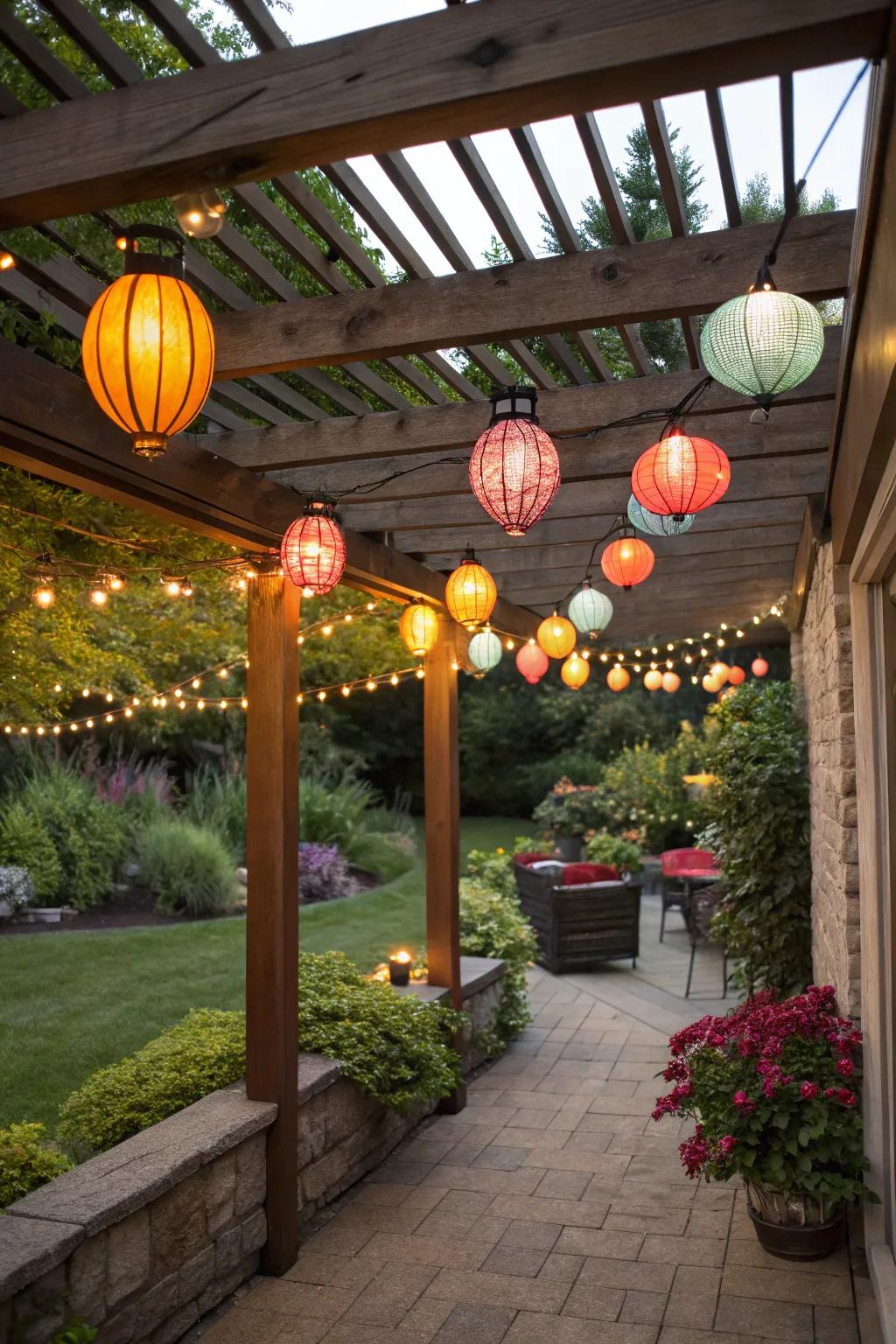 Vibrant lights infuse a celebratory aura beneath a small canopy.