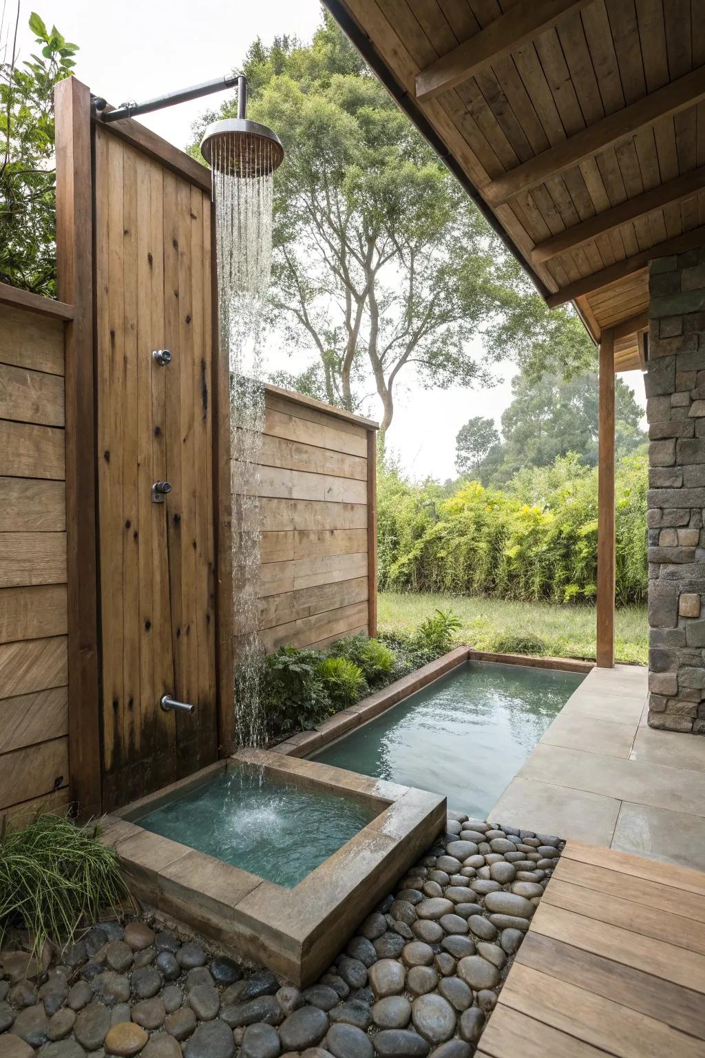 Outdoor showers add both function and style to pool areas.