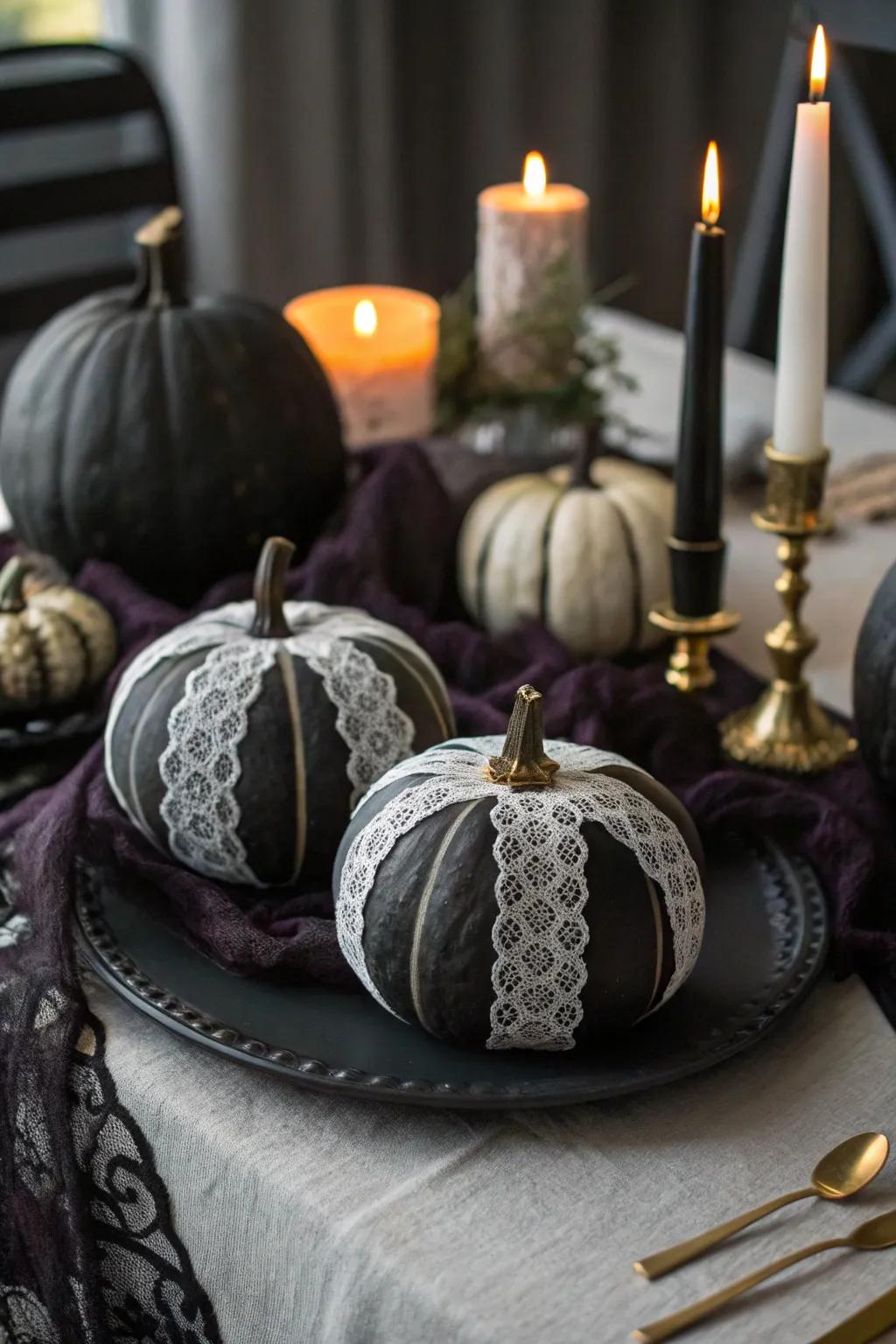 Gothic pumpkins emanates mystery and elegance with black lace and paint.