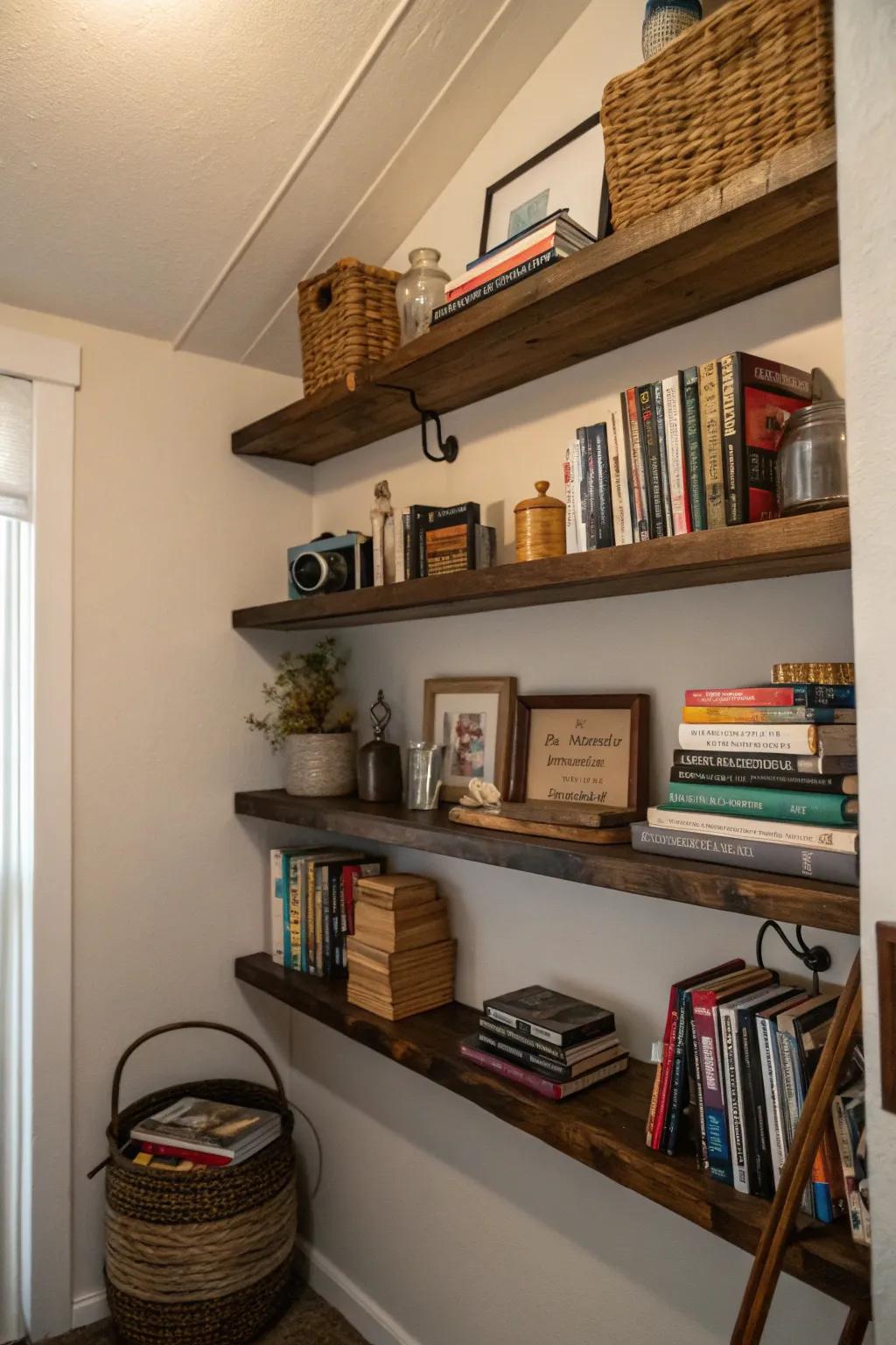 Suspended shelves furnish stylish and practical stowage.