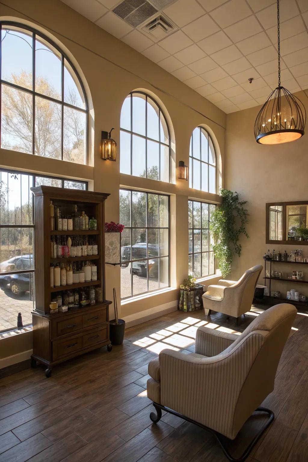 Abundant inherent light enhances the salon's openness.