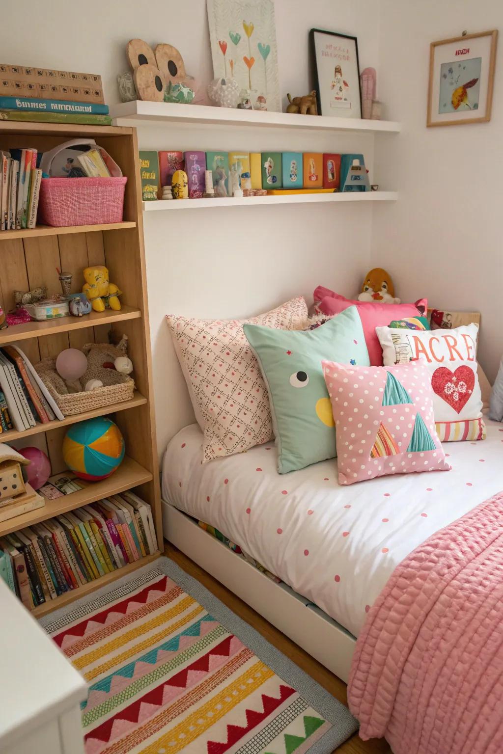 Decorative pillows add style and comfort to the bed.