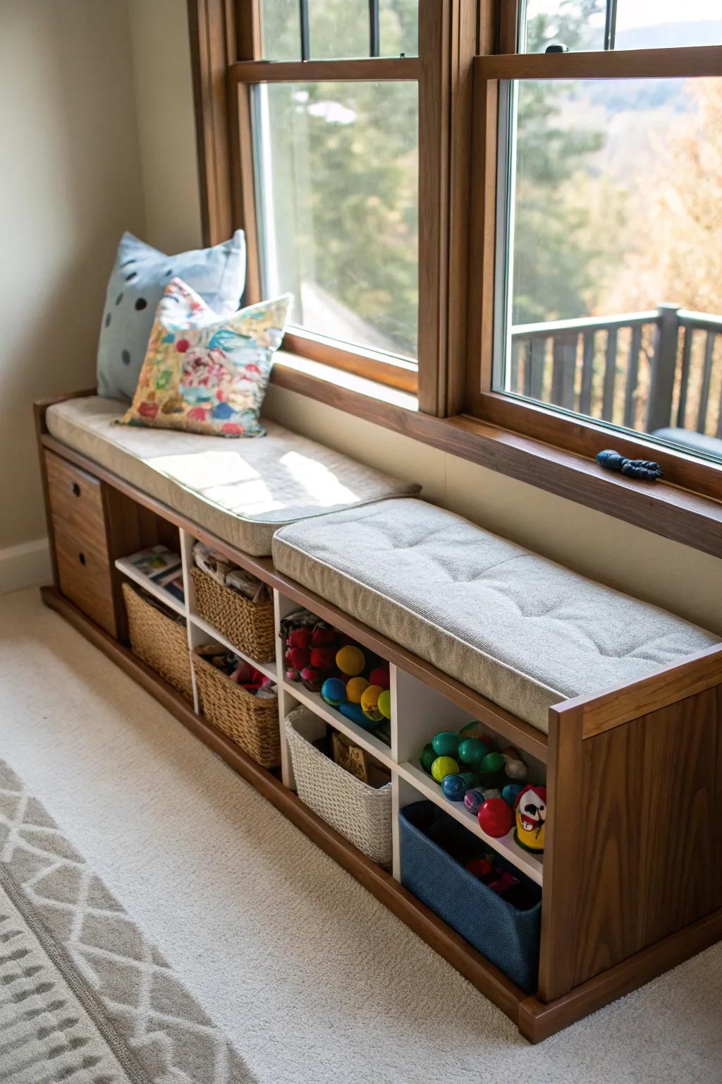 A dual-purpose storage bench for a playroom.