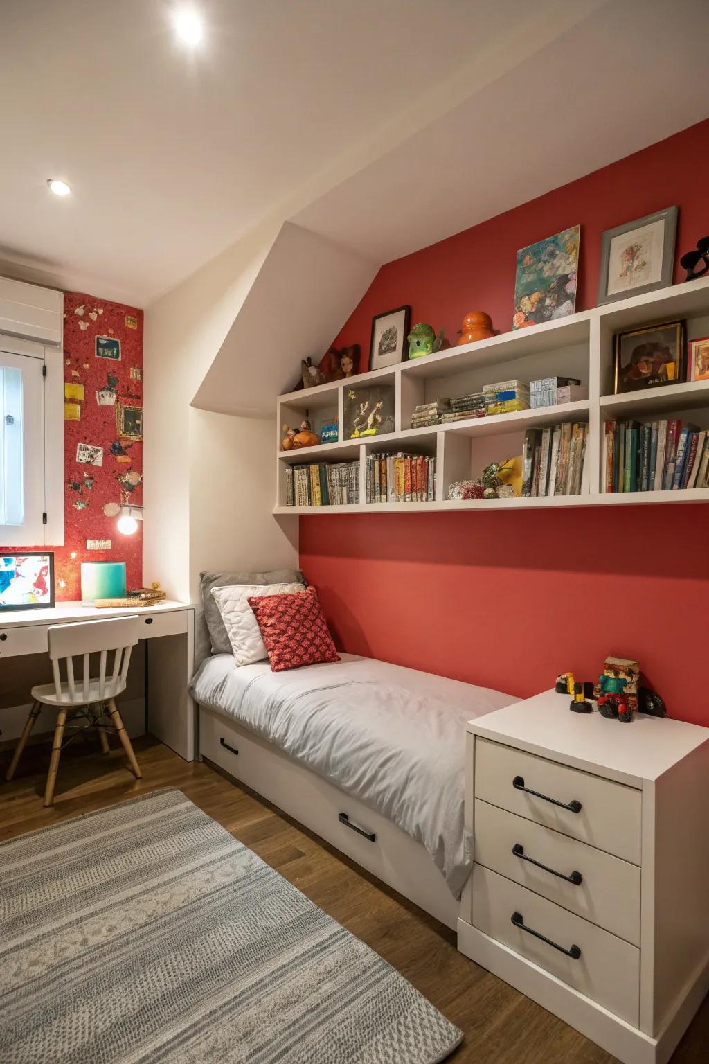 A striking accent wall transforms the space with color and depth.