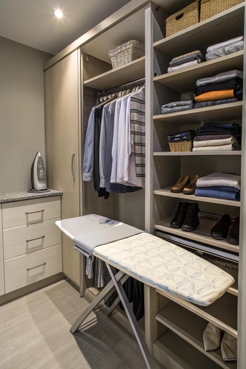 A retractable ironing setup brings practicality.