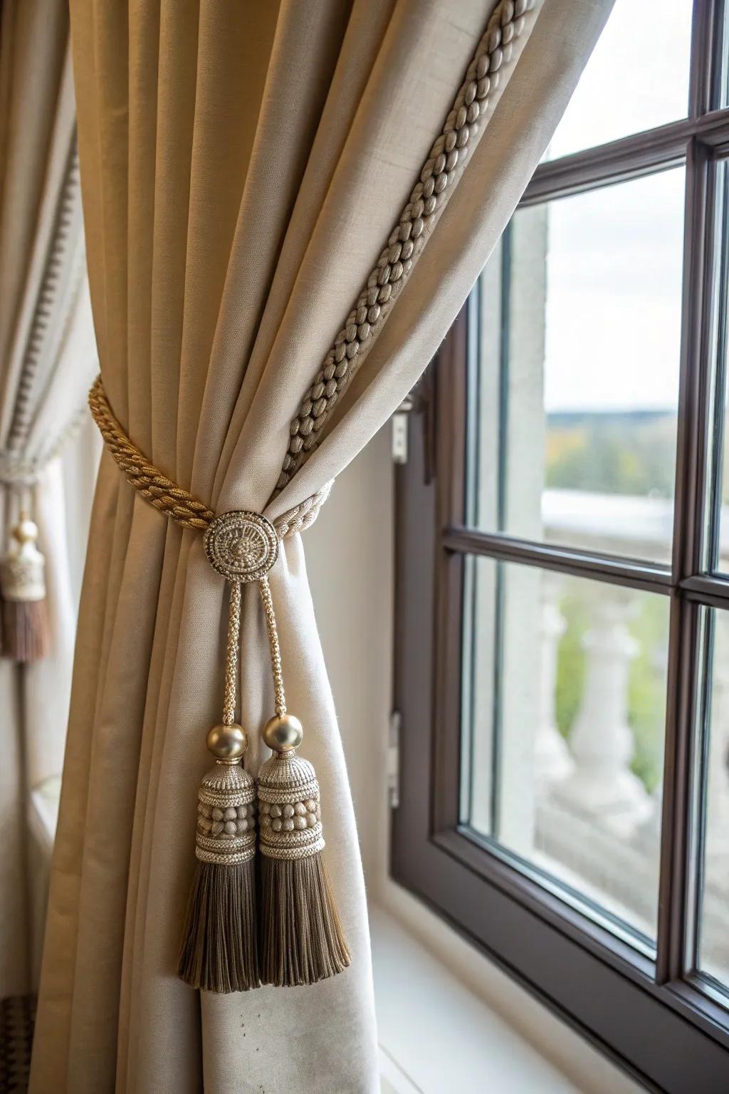 Decorative tiebacks add a custom touch, transforming small window curtains.