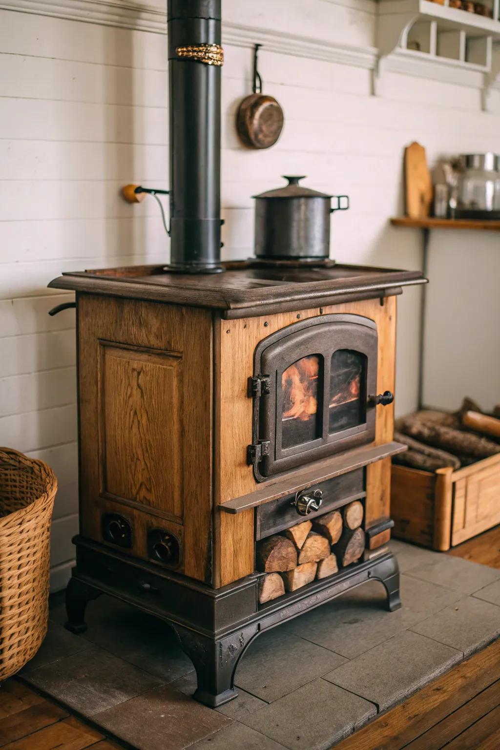 A vintage-style furnace imparts nostalgic charm to any space.
