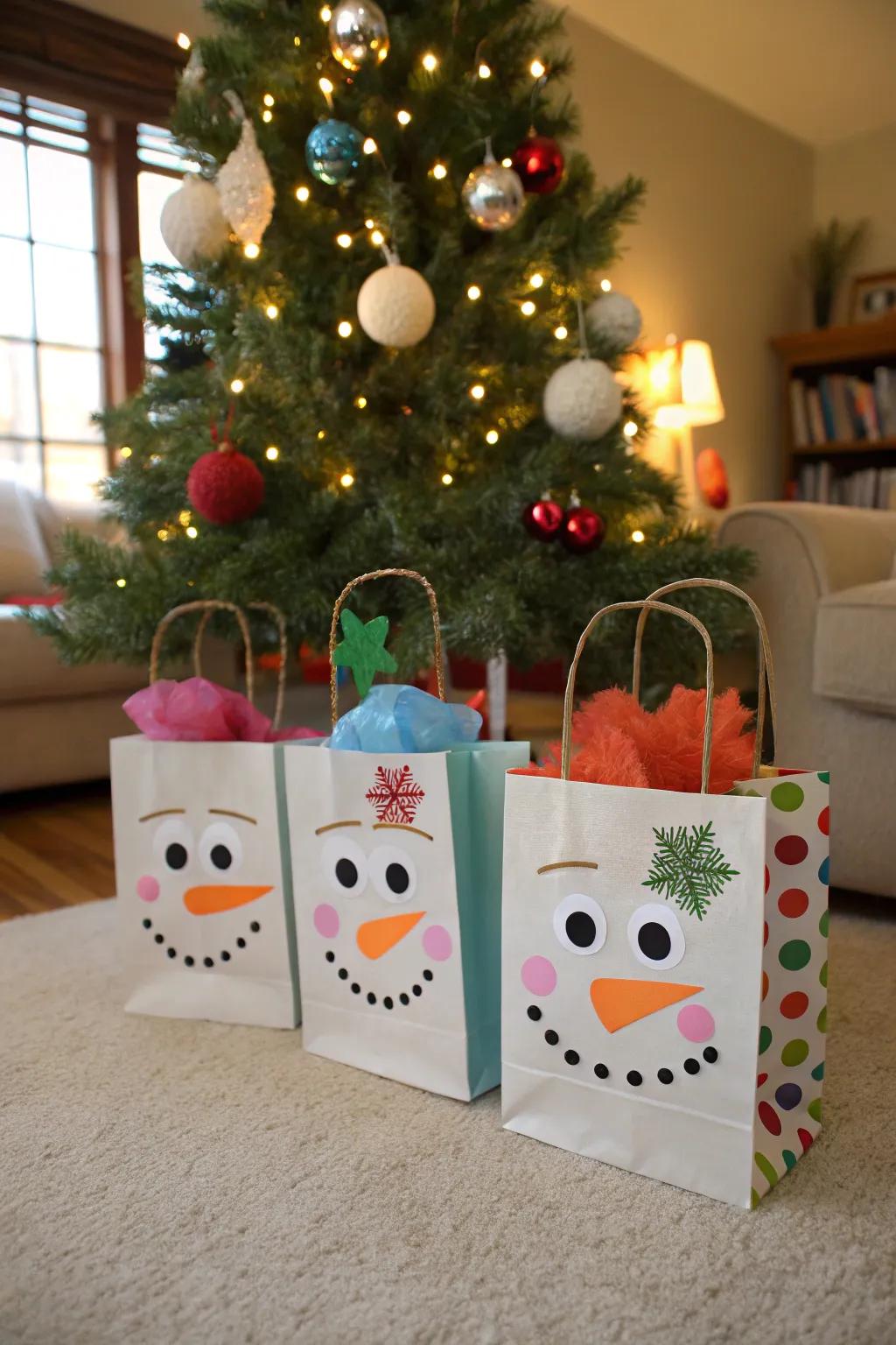 Snowman present satchels contribute charm to any offering.
