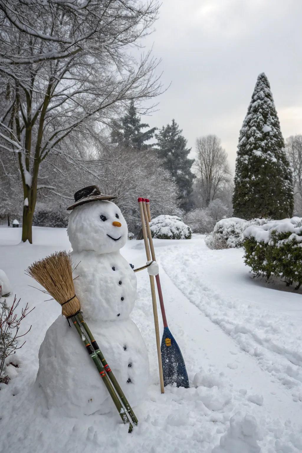 A snowman poised for adventure accompanied by skis and a broom.