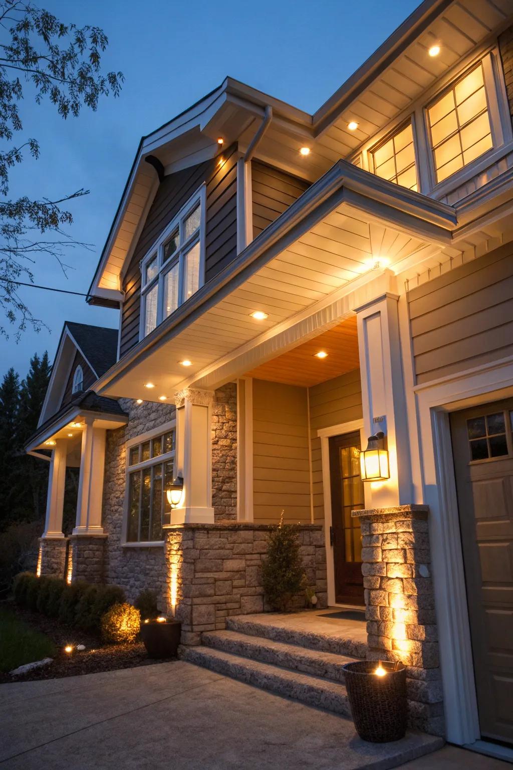 A mix of warm and cool soffit lighting creates a balanced and unique ambiance.