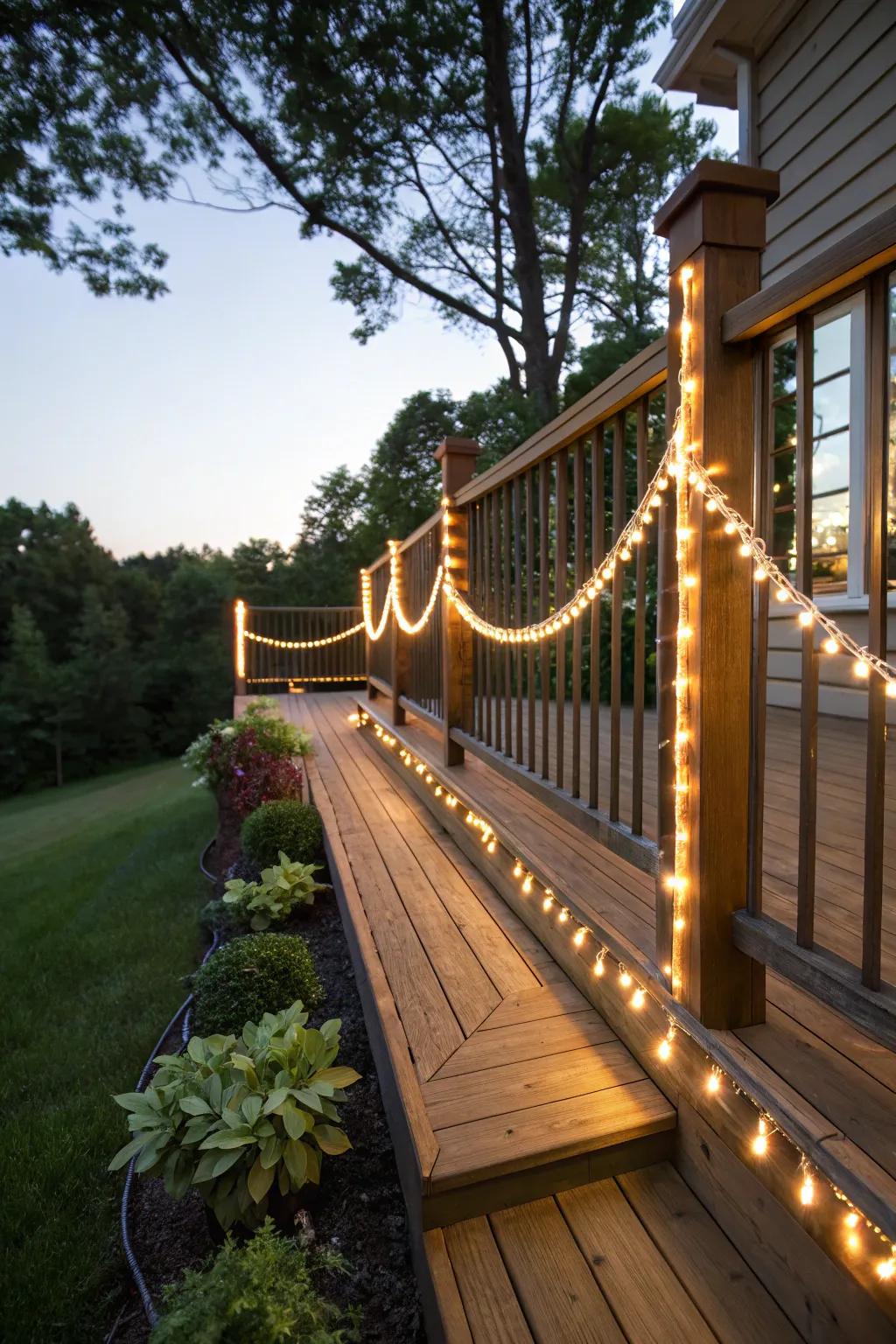 Your deck gains a whimsical element from solar rope lights.