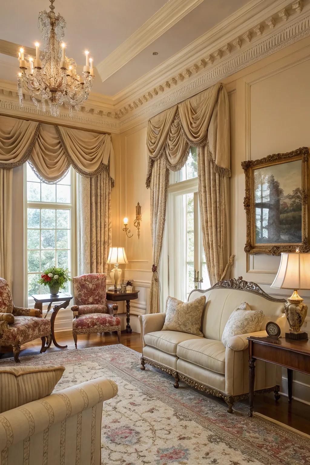 Exquisite drapery that brings sophistication to a Southern chamber.