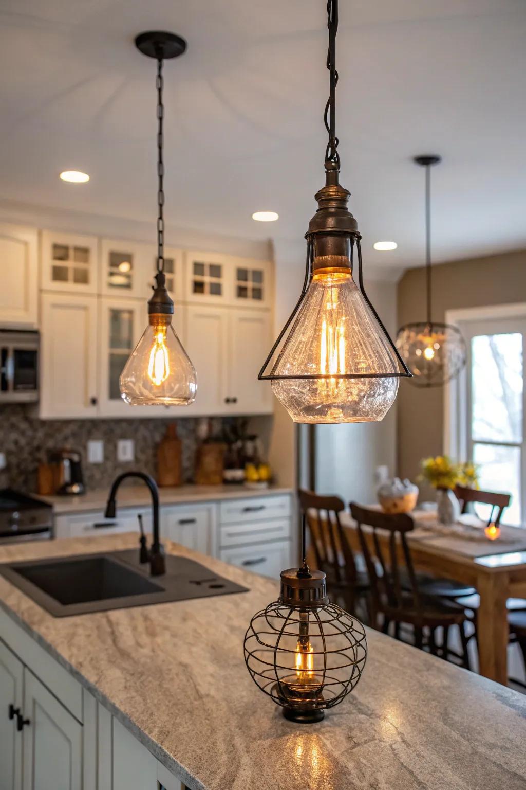 Unique pendant lighting adds character and highlights key areas.