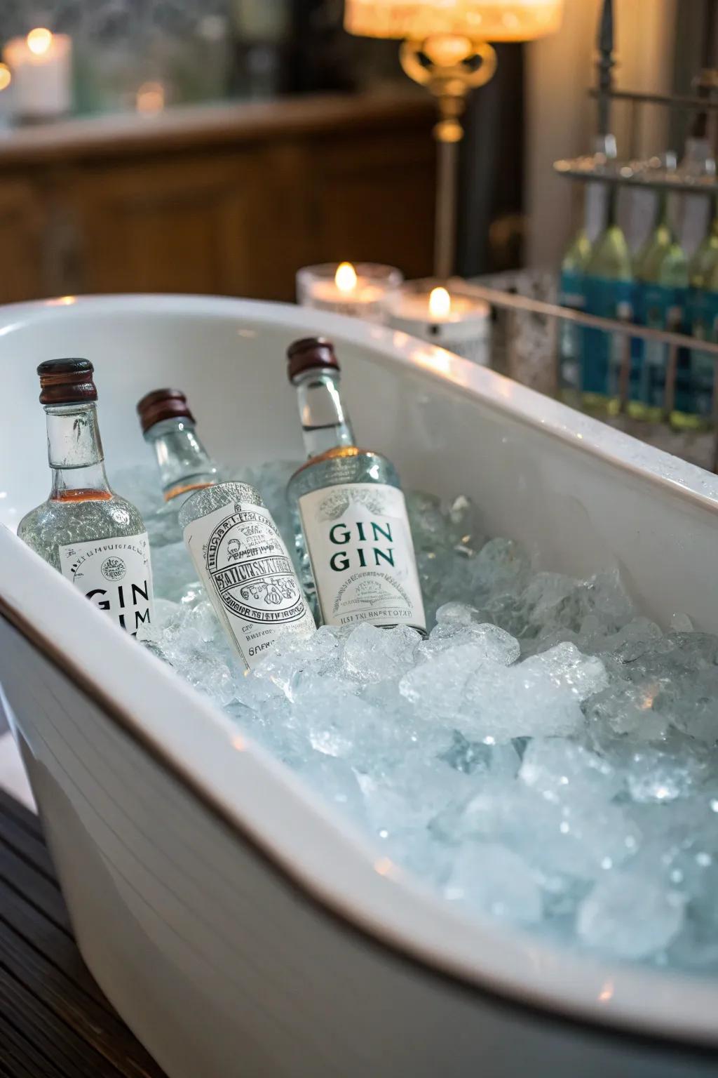 A bathtub gin setup offers a playful, unexpected twist to speakeasy decor.